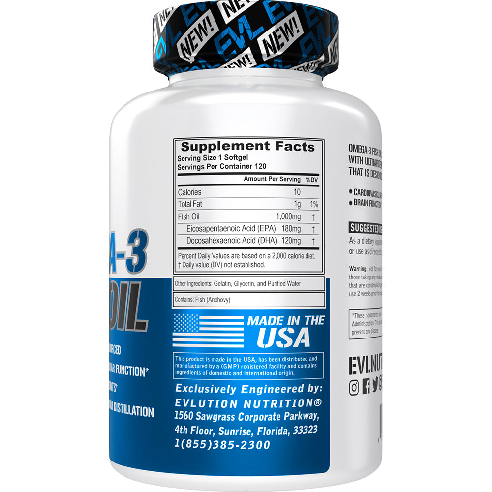 EVL Evlution Nutrition - EPA DHA Omega 3 Fish Oil - 120 Count