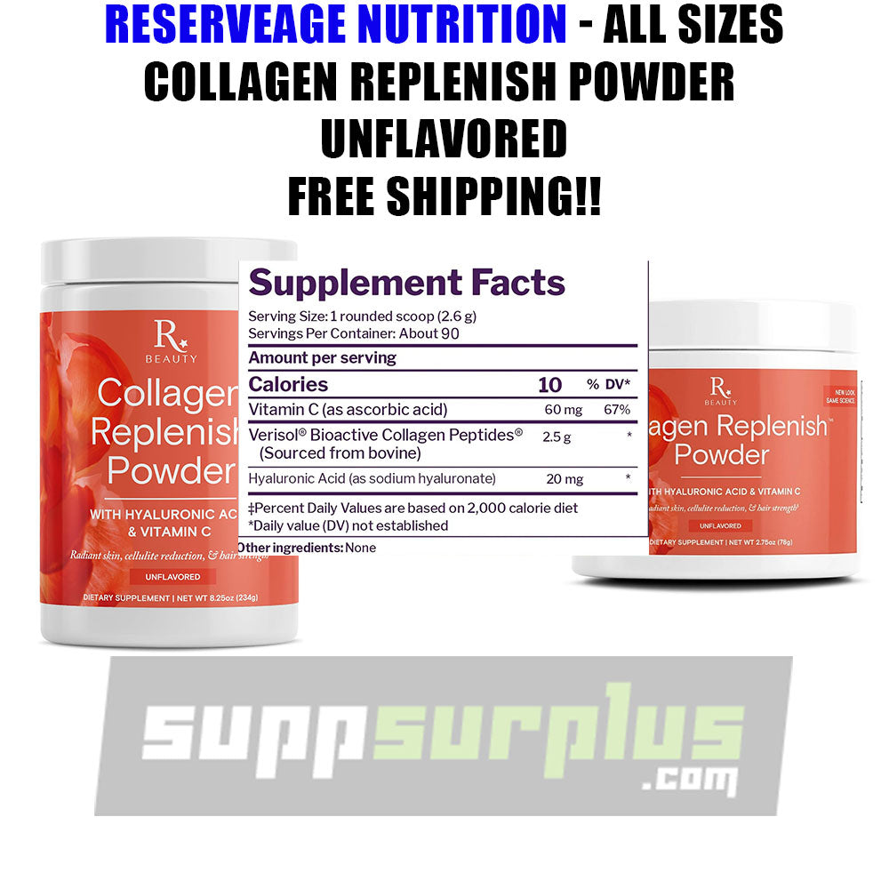 Reserveage Beauty, Collagen Replenish Powder with Hyaluronic Acid & Vitamin C, for Radiant Skin, Cellulite Reduction & Hair Strength, 8.25 Oz, Unflavored