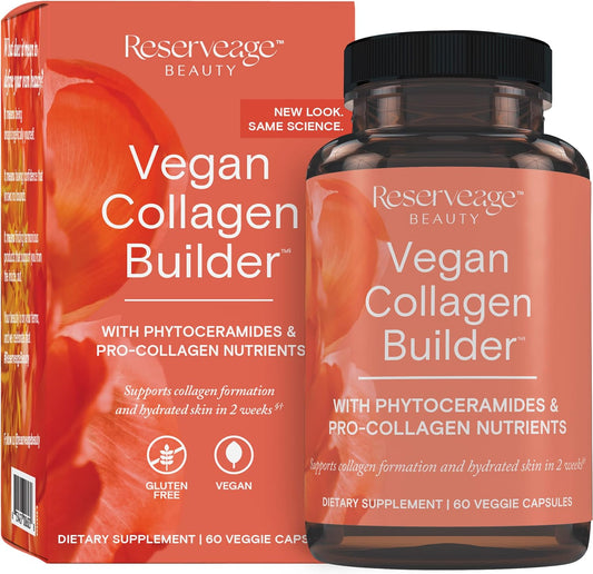 Reserveage Beauty, Vegan Collagen Builder, Plant-Based Collagen Booster for Glowing Skin, Vitamin C Supplement for Hydrated Skin, White Tea and Bamboo Extracts, Gluten Free, 60 Capsules